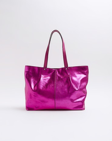 RIVER ISLAND Pink Metallic Leather Shopper Bag ~ bright shiny shoppers