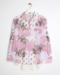 RIVER ISLAND Pink Patchwork Floral Oversized Fit Shirt / women’s relaxed dip hem shirts