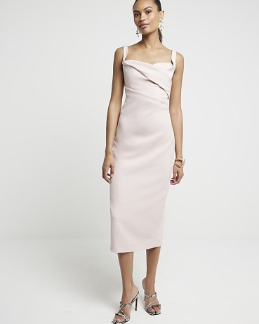 RIVER ISLAND Pink Ruched Open Back Bodycon Midi Dress ~ sleeveless fitted midi dresses