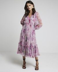 RIVER ISLAND Pink Tulle Floral Swing Midi Dress ~ boho style fashion ~ bohemian sheer sleeve tiered hem dresses