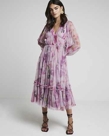 RIVER ISLAND Pink Tulle Floral Swing Midi Dress ~ boho style fashion ~ bohemian sheer sleeve tiered hem dresses