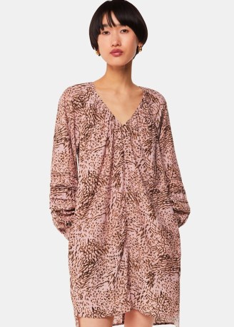 WHISTLES Animal Swirl Cocoon Dress in Pink/Multi / long sleeve relaxed fit dip hem dresses