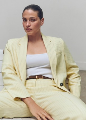 me and em Pinstripe Blazer in Fresh Lemon – women’s yellow striped summer blazers – womens tailored summer jacket