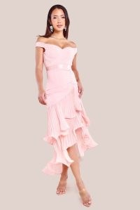 GODDIVA PLEATED BARDOT HIGH LOW TIER CHIFFON MIDAXI DRESS in BLUSH ~ light pink asymmetric off the shoulder party dresses ~ ruffled occasion fashion