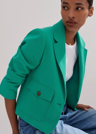 me and em Pop Colour Crop Jacket in Topaz Green – women’s chic cropped utility style jackets