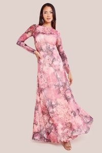 GODDIVA PRINTED SOFT MESH A-LINE MAXI DRESS in BLUSH ~ pink floral long sleeve occasion dresses ~ feminine prom fashion