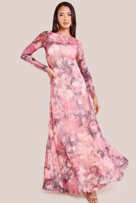 GODDIVA PRINTED SOFT MESH A-LINE MAXI DRESS in BLUSH ~ pink floral long sleeve occasion dresses ~ feminine prom fashion