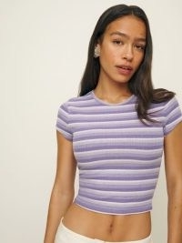 Reformation Muse Tee in Purple Stripe – fitted short sleeved T-shirt – womens cropped striped T-shirts