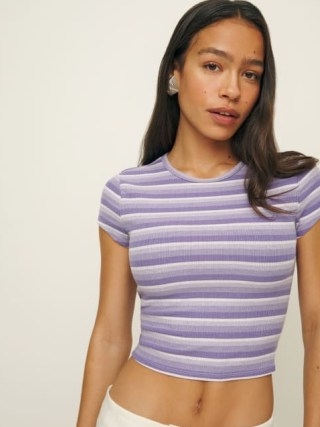 Reformation Muse Tee in Purple Stripe – fitted short sleeved T-shirt – womens cropped striped T-shirts