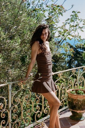 With Jéan Rayna Dress in Brown ~ strapless ruched flippy hem mini dresses