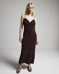 RIVER ISLAND Red Floral Frill Trim Slip Midi Dress ~ strappy black and red sweetheart neckline dresses