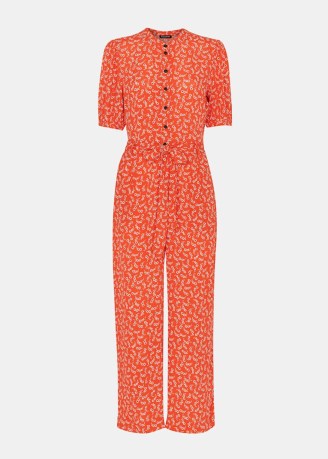 WHISTLES Micro Floral Jumpsuit in Red/Multi / short sleeve tie waist jumpsuits