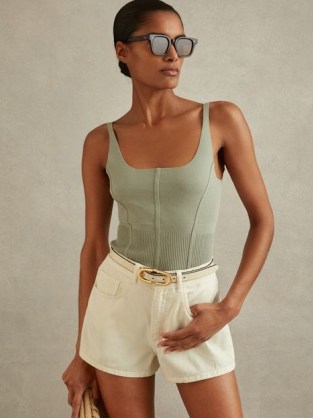 Reiss VERITY RIBBED SEAM DETAIL VEST in SAGE | green sleeveless fitted tops | women’s summer vests