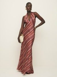 Reformation Daniela Silk Dress in Rio Stripe / silky striped halterneck maxi dresses / summer event fashion
