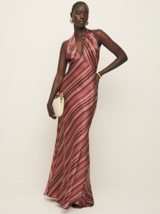 Reformation Daniela Silk Dress in Rio Stripe / silky striped halterneck maxi dresses / summer event fashion