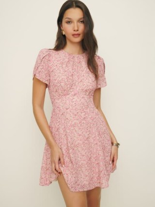 Reformation Lula Dress in Rosin ~ women’s pink floral short sleeve mini dresses