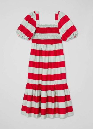 L.K. BENNETT Ruby Stripe Print Dress ~ red and green striped puffed sleeve dresses ~ women’s cotton summer clothing