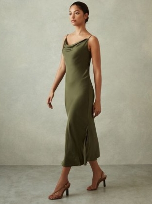 Reiss ISABEL SATIN COWL NECK MIDI DRESS in KHAKI | green silky drape neckline slip dresses | skinny shoulder strap evening fashion
