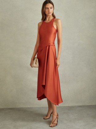 REISS MICAH SATIN DRAPE TUCK MIDI DRESS in RUST ~ chic summer occasion clothing ~ silky sleeveless asymmetric event dresses