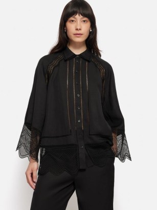 JIGSAW Scallop Trim Shirt in Black / women’s feminine semi sheer shirts