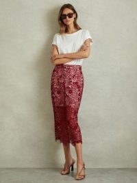Reiss FLO SHEER LACE MIDI PENCIL SKIRT in BURGUNDY | luxe floral skirts