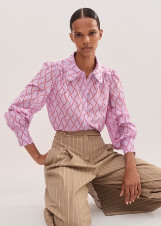 me and em Silk Cotton Trellis Floral Print Blouse in Lupin Lilac/Red – collared balloon sleeve blouses – printed voluminous sleeved top