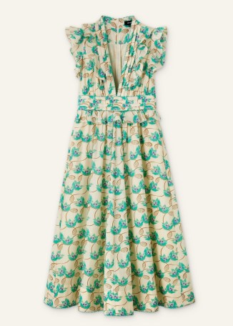 me and em Silk Cotton Waterlily Print Maxi Dress + Bandeau in Light Cream/Menthol Green/Oatmeal – romantic green and cream ruffled shoulder dresses – floral ruffle detail fashion