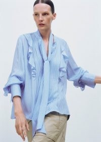 me and em Silk Stripe Shirt + Tie in Blue/White – women’s blue and white ruffled shirts
