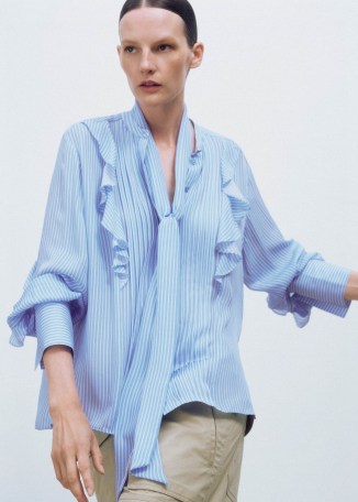 me and em Silk Stripe Shirt + Tie in Blue/White – women’s blue and white ruffled shirts