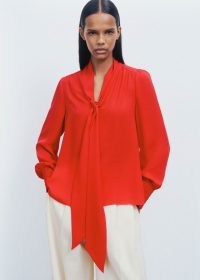 me and em Silk V-Neck Tie Swing Blouse in Poppy Red – women’s bright silky blouses