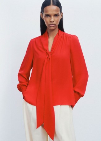 me and em Silk V-Neck Tie Swing Blouse in Poppy Red – women’s bright silky blouses