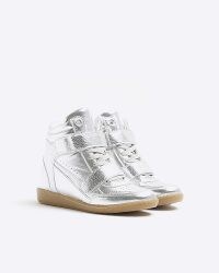 RIVER ISLAND Silver High Top Wedge Trainers ~ women’s wedged luxe style trainer
