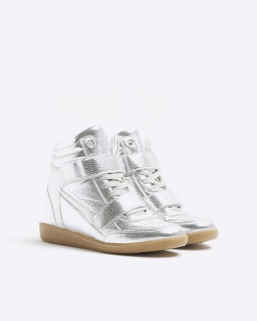 RIVER ISLAND Silver High Top Wedge Trainers ~ women’s wedged luxe style trainer