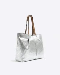 RIVER ISLAND Silver Metallic Leather Tote Bag / shiny bags