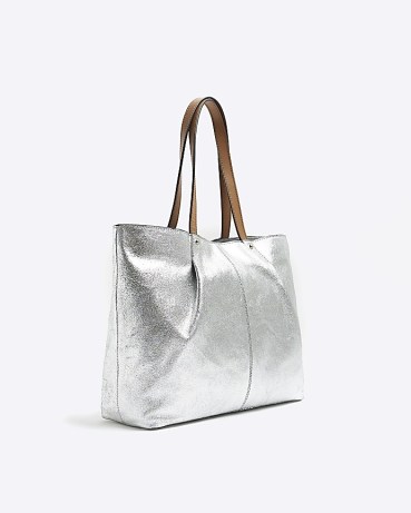 RIVER ISLAND Silver Metallic Leather Tote Bag / shiny bags