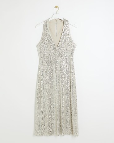 RIVER ISLAND Silver Sequin Slip Midi Dress / sleeveless sequinned deep V-plunge dresses