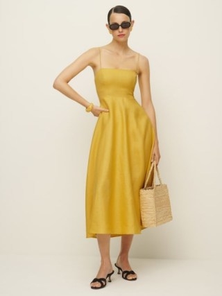 Reformation Monette Linen Dress in Sunflower – strappy yellow fit and flare summer midi dresses