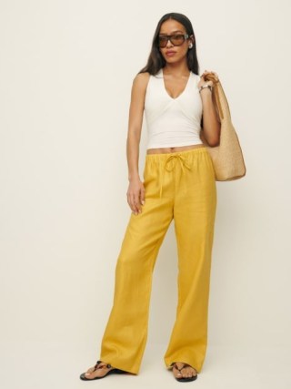 Reformation Olina Linen Pant in Sunflower – women’s yellow drawstring waist trousers – womens casual summer trouser – Summer Must-Haves