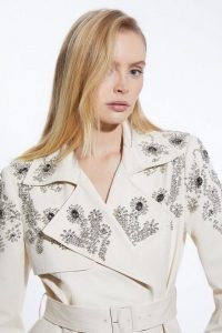 KAREN MILLEN Tailored Crystal Embellished Belted Trench Coat in Ivory / floral detail coats