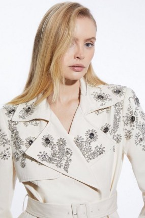 KAREN MILLEN Tailored Crystal Embellished Belted Trench Coat in Ivory / floral detail coats