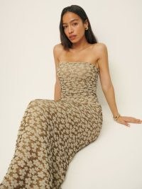 Reformation Ryden Knit Dress in Tan / fitted light brown strapless floral dresses / feminine fashion