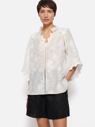 JIGSAW Textured Jacquard Frill Top in White / relaxed ruffle trimmed tops