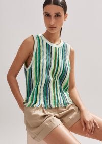 me and em Textured Stripe Relaxed Vest in Lime/Sorbet/Multi – women’s green and blue striped fringed hem vests – womens sleeveless knitted cotton top – summer sweater tops