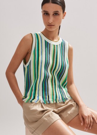 me and em Textured Stripe Relaxed Vest in Lime/Sorbet/Multi – women’s green and blue striped fringed hem vests – womens sleeveless knitted cotton top – summer sweater tops