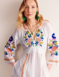 Boden Una Linen Embroidered Dress in Ivory Embroidery / white floral maxi dresses / chic bohemian style holiday fashion