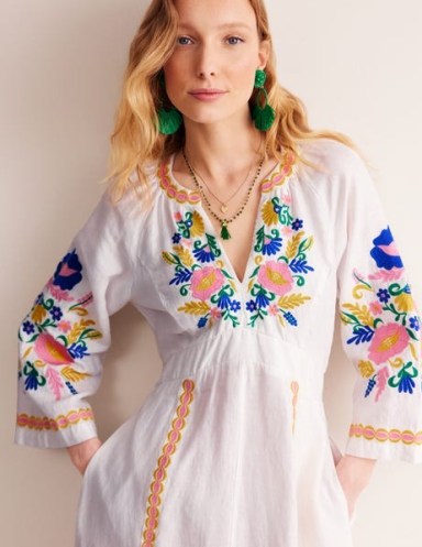 Boden Una Linen Embroidered Dress in Ivory Embroidery / white floral maxi dresses / chic bohemian style holiday fashion