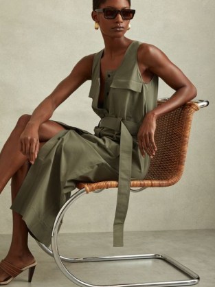 REISS ELIN UTILITY BELTED MIDI DRESS in SAGE ~ women’s chic green utilitarian style summer dresses