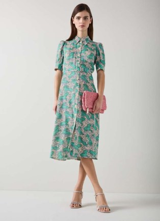 L.K. BENNETT Valerie Cream Horses Print Belted Shirtdress / collared animal print vintage style midi dresses