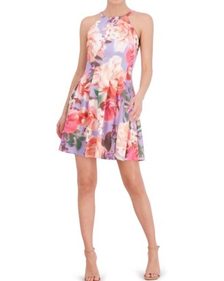 Vince Camuto Floral-Print Fit-And-Flare Dress in Lavender | haterneck skater dresses | women’s party clothing