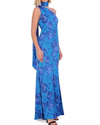 Vince Camuto Printed Satin Scarf-Neck Gown in Cobalt Multi | one shoulder maxi party dresses | blue floral asymmetric neckline occasion gowns